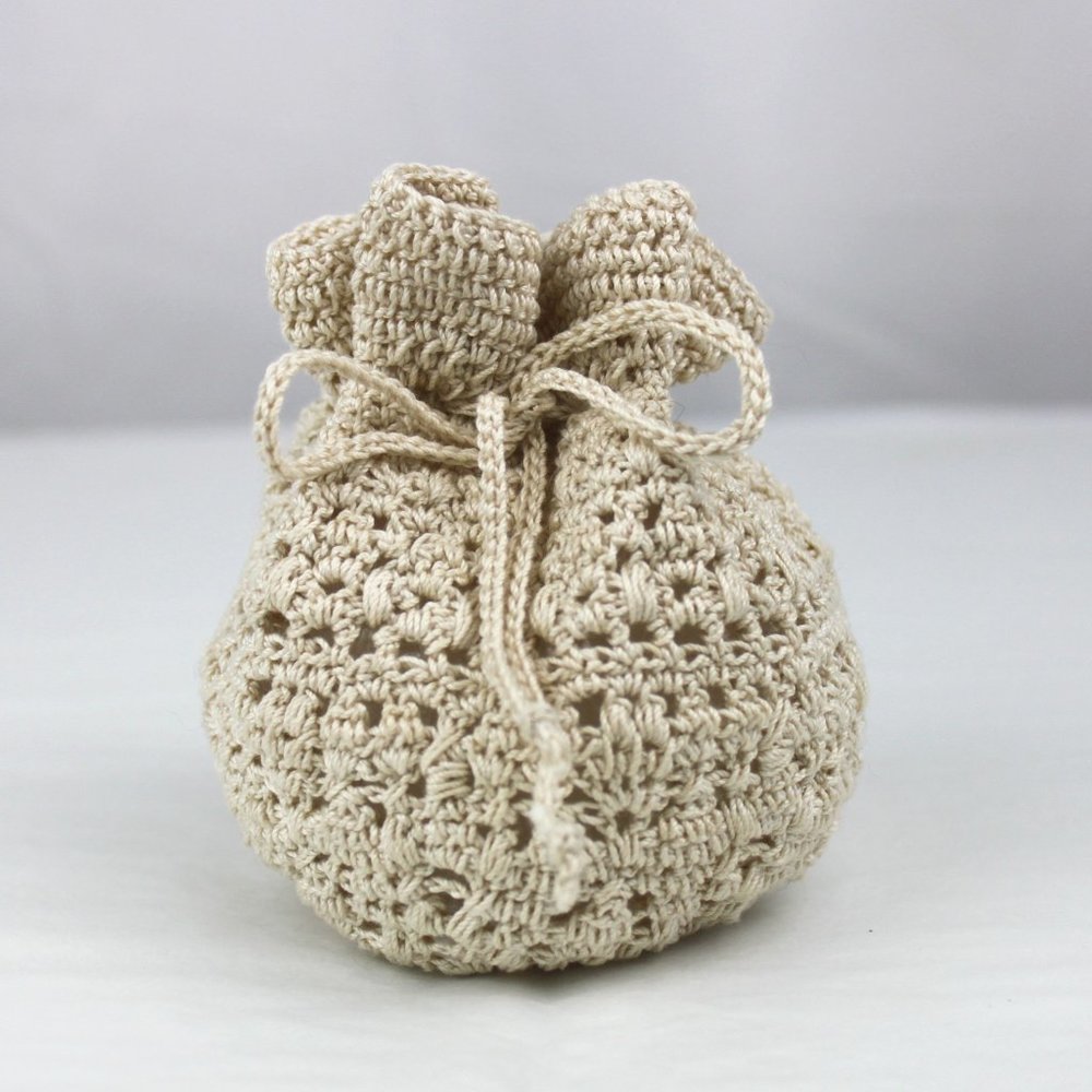 Cream Crocheted Bulb Drawstring Pouch Bag